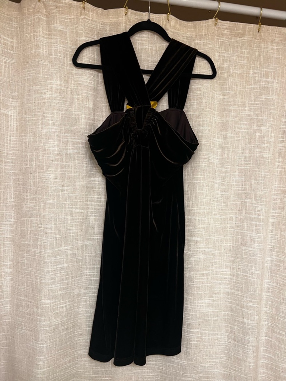 Elegant Lori M Dress in Rich Brown Velvet Formal Midi Gold Metal Accents-XL